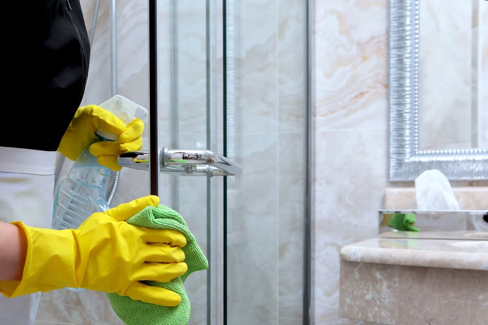 Cleaning Shower Door, Bathroom