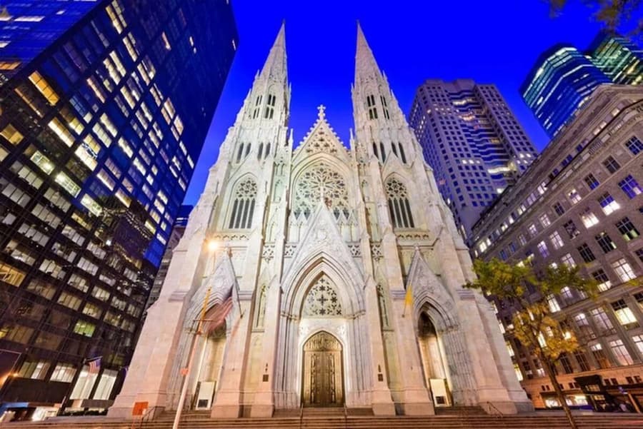 cathedral in forefront of New York skyline