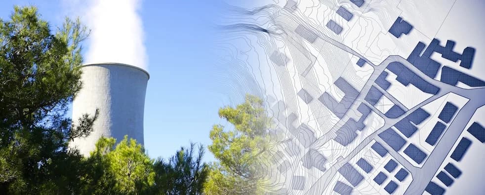 Power our cities with renewable and sustainable energy - concept image with an imaginary city map and a geothermal power station- Note: The map background is totally invented and does not represent any real place